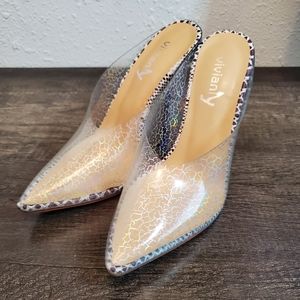 Vivianly Clear Pointed Toe Mule Heel Sandals